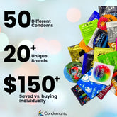 A pile of assorted condom packages in various colors and brands is displayed on the right. On the left, the text reads: "50 DIFFERENT Condoms, 20+ Unique Brands, Save over $150 compared to purchasing separately." The Condomania logo is featured at the bottom.